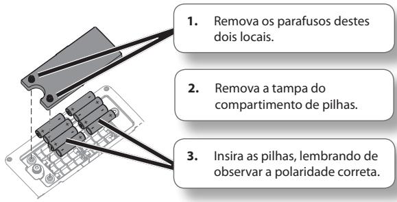 1. Remova os parafusos destes dois locais. 2. Remova a tampa do compartimento de pilhas. 3. Insira as pilhas, lembrando de observar a polaridade correta.