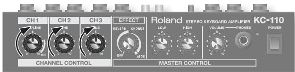 CH1 CH2 CH3 EFFECT Roland STEREO KEYBOARD AMPLIFIER KC-110 CHANNEL CONTROL MASTER CONTROL