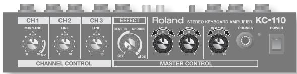 CH1 CH2 CH3 EFFECT Roland STEREO KEYBOARD AMPLIFIER KC-110 MC/LINE LINE LINE REVER CHORUS LIME SHORE VOLUME PHONES POWER 0 10 0 10 OFF MDE 0 1 0 10 CHANNEL CONTROL MASTER CONTROL