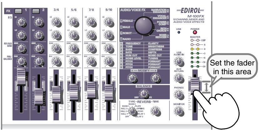 FX 1 2 3/4 5/6 7/8 9/10 EQ REV/AUX SEND PAH/BALANCE AUDIO/VOICE FX MANNERATION VOCAL BANCALE FEMALE MALE ROBOT RADIO FREQUENCY CLARITY TONE BRIGHTNESS BARS COMPRESS BAL DEPTH HUM OUT NOISE CUT NOISE LEVEL TUNING PITCH FORMANT PITCH FORMANT A MODIFY - BALANCE DINY-/- FX TYPE- REVERB-TIME ROOM 1 PLATE HALL 1+ -SPRING HALL 2+ -CHONO HALL 1+ -RELAY 1 OFF -CLAY 2 EDIROL= M-100FX 10 CHANNEL/MIXER AND AUDIO/VOICE EFFECTS USB POWER MASTER CLIP 6 0 -3 -6 -10 -20 USB AUDIO IN AUX RETURN PHONES MONITOR Set the fader in this area