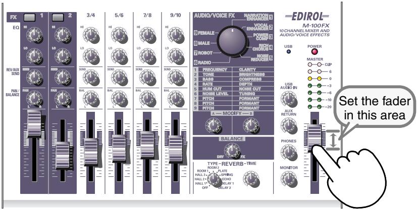 FX EQ REV/AUX SEND PAI/ BALANCE 1 2 3/4 5/6 7/8 9/10 AUDIO/VOICE FX NATIONAL EMERGING VOCAL EMBANIC POWER MODE RADIO FEMALE MALE ROBOT RADIO MACHINE CHORAGE MOISE REDUCE FREQUENCY CLARITY TONE BARS DEPTH HUM OUT NOISE LEVEL PITCH PITCH A- MODIFY - BALANCE DINY - REVERB-TIME ROOM 2 ROOM 1 - PLATE HALL 1 - SPRING HALL 2 - SCHOO HALL 1 - RELAY 1 OFF - PLAY 2 MONITOR EDIROL= M-100FX 10CHANNEL/MIXER AND AUDIO/VOICE EFFECTS USB POWER MASTER CLIP 6 0 -3 -6 -10 -20 USB AUDIO IN AUX RETURN PHONES SET the fader in this area