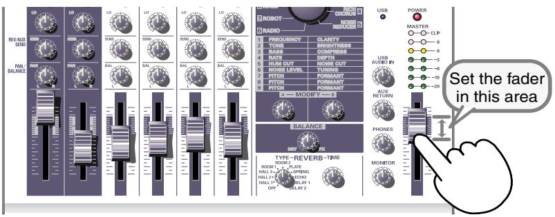ROLAND M-100FX - Stellen Sie den Master Volume Fader in die Mitte des Bereichs, der in der untenstehenden Abbildung des Bedienfelds gezeigt wird. - 1