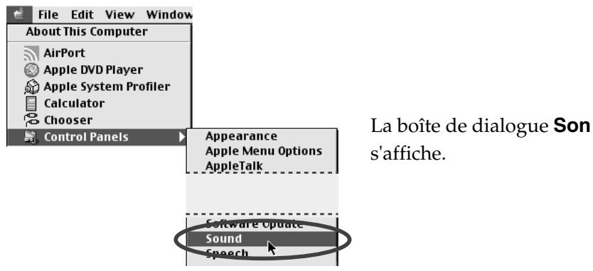 File Edit View Window About This Computer AirPort Apple DVD Player Apple System Profiler Calculator Chooser Control Panels Appearance Apple Menu Options AppleTalk Software Update Sound Search La boîte de dialogue Son s'affiche.