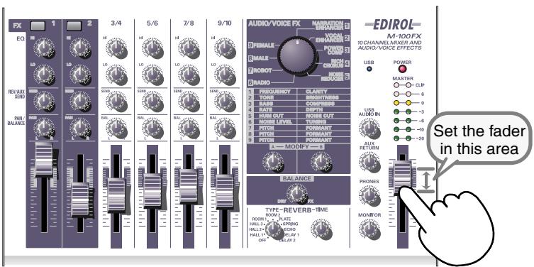FX EQ 1 2 3/4 5/6 7/8 9/10 AUDIO/VOICE FX MORATORY VOCOL BRAND POME PHYLOT FEMALE GALI DRAGON BRANDO PROBANCY CLARITY TUBE BHORTHNESS RARB CORDED RAYS DEPTH HUM OUT ROSE OUT ROSSE LEVEL PTCH FORMANT STCH FORMANT A-X-MODIF=1.0 BALANCE DNY=2.0-FX TYPE=REVERB-TIME ROOM 1 PLATE HALL 2+ OPEN HALL 3+ WIND HALL 4+ ON/OFF ON/OFF MONITOR EDIROL= M-100.FX 10CHANNEL MREAD AND AUDIO/VOICE EFFECTS USB POWER MASTER CLIP -6 -0 -3 -6 -50 -20 USB AU 0N -3 -6 -50 -20 Auto RETURN PhONES SET the fader in this area