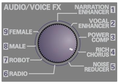 AUDIO/VOICE FX NARRATION ENHANCER 1 VOCAL ENHANCER 2 POWER COMP 3 RICH CHORUS 4 NOISE REDUCER 5 6 RADIO 7 ROBOT 8 MALE 9 FEMALE