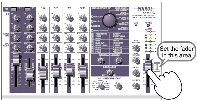 FX 1 2 3/4 5/6 7/8 9/10 EQ RE LD REV/AUX SEND PAN BALANCE 3/4 HI LO SND SND SND SND AUDIO/VOICE FX NAVIGATION ENBRANCE VOCAL EMBANCE POWER CHINESE RADIO FEMALE MALE ROBOT RADIO FRIQUENCY CLARITY TONE BRIGHTNESS BARS COMPRESS BITD GIFT NOMO CUT NOISE CUT NOSKE LEVEL TUNING PTCH FORMANT PTCH FORMANT PTCH FORMANT A-MODIFY-1 BALANCE DRY-FX TYPE-REVERB-TIME ROOM 1 PLATE HALL 1 OFFING HALL 2 VICKY HALL 1 RELAY 1 OFF PLAY 2 MONITOR EDIROL- M-100FX 10 CHANNEL/MIXER AND AUDIO/VOICE EFFECTS USB POWER MASTER CLIP 6 0 -3 -6 -10 -20 USB AUDIO IN AUX RETURN PHONES Set the fader in this area