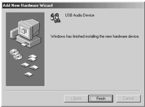 Add New Hardware Wizard USB Audio Device Windows has finished installing the new hardware device. < Back Finish Cancel