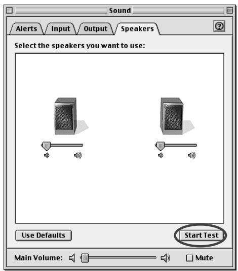 Sound Alerts Input Output Speakers Select the speakers you want to use: Use Defaults Start Test Main Volume: Mute