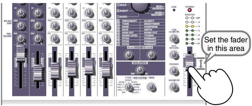 REV/AUX SEND PIN/ BALANCE LO LO LO LO LO MIAL RICH CHARGE NOMBRE REDUCE RADIO PROQUENCY CLARITY TONE BRIGHTNESS RISK COMPRESS RATE DEPTH HUM OUT NOISE OUT RANGE LEVEL TURNO PITCH FORMANT PITCH FORMANT PITCH FORMANT A MODEY 3 BALANCE DRIVE TIME TYPE-REVERB-TIME ROOM 1 PLATE ROOM 2 PLATE HALL 1+ PLETING HALL 2+ PLETING HALL 1+ RELAY 1 OFF 1+ PLAY 2 USB POWER MASTER CIP 6 0 -3 -6 -10 -20 USB AUDIO IN AUX RETURN PHONES MONITOR Set the fader in this area