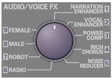 AUDIO/VOICE FX NARRATION ENHANCER 1 VOCAL ENHANCER 2 POWER COMP 3 RICH CHORUS 4 NOISE REDUCER 5 6 RADIO 7 ROBOT 8 MALE 9 FEMALE