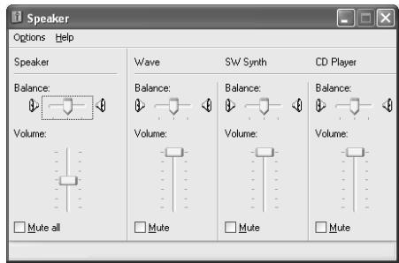 Speaker Options Help Speaker Wave SW Synth CD Player Balance: Balance: Balance: Balance: Volume: Volume: Volume: Mute all Mute Mute Mute
