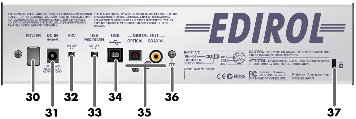 THIS DEVICE COMPLIES WITH PART 15 OF THE FCS RULES, OPERATION IS SUBJECT TO THE FOLLOWING TWO CONDITIONS: (1) THIS DEVICE MAY NOT CAUSE HARMFUL INTERFERENCE, AND (2) THIS DEVICE MUST ACCEPT ANY INTERFERENCE RECEIVED. INCLUDING INTERFERENCE THAT MAY CAUSE UNDESSED OPERATION. POWER DC IN ADV ON OFF USB MIX DOWN USB DIGITAL OUT OPTICAL COAXIAL 30 31 32 33 34 35 36 37 EDIROL CAUTION: SEE OPERATION MANUAL FOR CORRECT MICROPHONE CABLES AND MICROPHONES CONNECTION, ATTENTION: POUR BRANCHER CORRECTMENT LES MICROPHONES ET LEURS CABLES VOIN LE MANUEL DUTUSATION. MODEL M-300/FX SERNO. CAPITURE: SEE OPERATION MANUAL FOR CORRECT MICROPHONE CABLES AND MICROPHONES CONNECTION, MODEL M-300/FX SERNO. Tested To Comply With FCC Standards FOR HOME OR OFFICE USE Roland Corporation MADE IN JAPAN