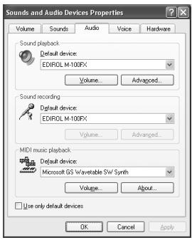 ROLAND M-100FX - Pour Lecture MIDI, cliquez sur le "t" situé à droite de [Périphérique par défaut] (identique avec Windows 2000/Me, [Périphérique par défaut]), puis sélectionnez ce qui suit dans la liste qui s'affiche. - 1