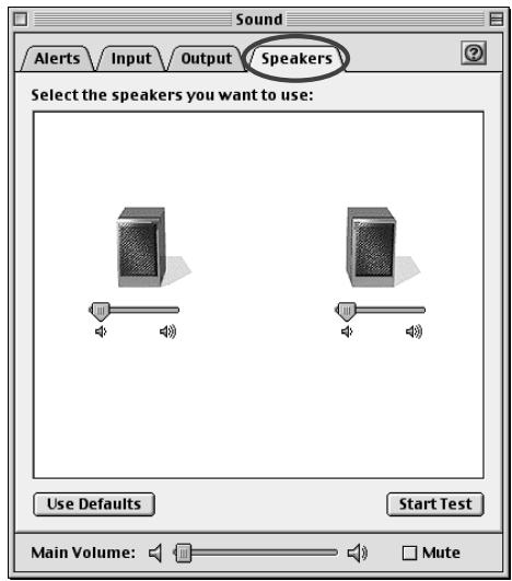 Sound Alerts Input Output Speakers Select the speakers you want to use: Use Defaults Start Test Main Volume: □ Mute