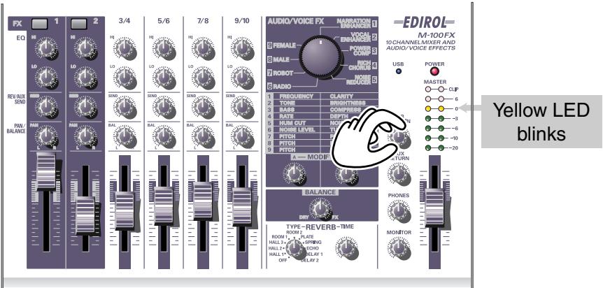 FX 1 2 3/4 5/6 7/8 9/10 EQ LO LO LO LO LO LO REV/BUX SEND PAN/BALANCE L L L C C F S 3/4 5/6 7/8 9/10 AUDIO/VOICE FX M-100FX M-100FX M-100FX M-100FX M-100FX M-100FX M-100FX M-100FX M-100FX M-100FX M-100FX M-100FX M-100FX M-100FX M-100FX FEMALE MALE ROBOT RADIO FREQUENCY CLARITY TONE BRIGHTNESS BASE COMPRESSER BATH DEPTH KIND OUT MODE NOME LEVEL TIN PITCH TIN PITCH TIN MODIF BALANCE DRY TIME TYPE-REVERB-TIME ROOM PLATE ROOM PLATE HALL 2 SPRING ROOM PLATE HALL 2 SPRING ROOM PLATE HALL 1 SPLY 1 OFF SPLY 2 EDIROL= M-100FX 10 CHANNEL/MIXER AND AUDIO/VOICE EFFECTS USB POWER MASTER CLIP 6 0 -3 -6 -10 -20 - - - - - - - - - - - - - - - - - - - - - - - - - - - - - - - - - - - - - - - - - - - - - - - - - - - - - - - - - - - - - - - - - - - - - - - Yellow LED blinks