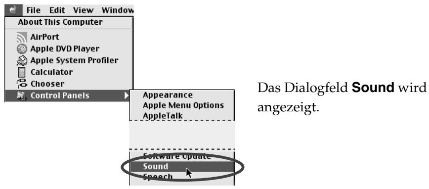 File Edit View Window About This Computer AirPort Apple DVD Player Apple System Profiler Calculator Chooser Control Panels Appearance Apple Menu Options AppleTalk Software Update Sound Speech Das Dialogfeld Sound wird angezeigt.