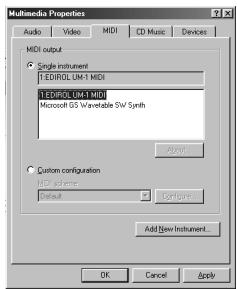Multimedia Properties Audio Video MIDI CO Music Devices MIDI output ● Single Instrument F:\EDIROLUM1.MIDI F:\EDIROLUM1.MIDI Microsoft GS Waveletable SW Synth Add New Instrument ● Custom configuration MIDI parameter Default CO OPTs Add New Instrument OK Cancel Apply