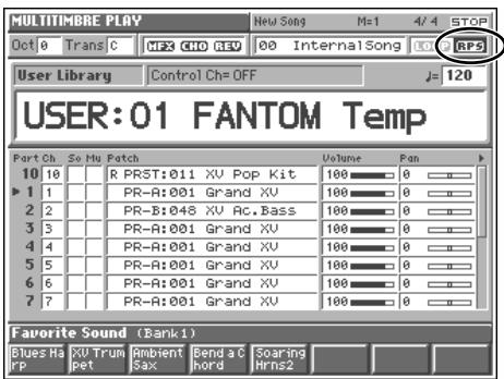 MULTITIMBRE PLAY New Song M=1 4/4 STOP Oct 0 Trans C MPX CIO RSV 00 Internal Song LQ RP3 User Library Control Ch= OFF J= 120 USER:01 FANTOM Temp Port Ch. So Mu Patch Volume Pan 10 10 | | R PRST:011 XV Pop Kit 100 0 1 | | | PR-A:001 Grand XV 100 0 2 | | | PR-B:048 XV Ac.Bass 100 0 3 | | | PR-A:001 Grand XV 100 0 4 | | | PR-A:001 Grand XV 100 0 5 | | | PR-A:001 Grand XV 100 0 6 | | | PR-A:001 Grand XV 100 0 7 | | | PR-A:001 Grand XV 100 0 Favorite Sound (Bank1) Blues Has XP XV Trum Pet Ambient Sax Bend a chord Scaring Mrns2