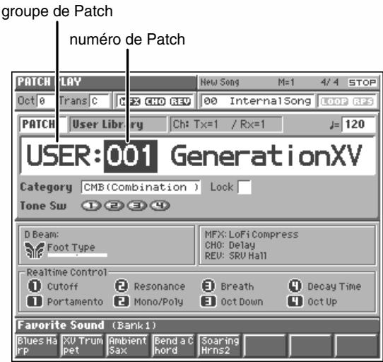 groupe de Patch numéro de Patch PATCH LAY Oct 0 Trans C CH: CHO REV 00 Internal Song LOOP RPS PATCH User Library Ch: Tx=1 / Rx=1 J= 120 USER:001 GenerationXV Category CMB (Combination) Lock Tone Sw 1 2 3 4 D Beam: Foot Type MFX: LoFi Compress CHO: Delay REV: SRU Hall Realtime Control Cutoff Resonance Breath Decay Time Portamento Mono/Poly Oct Down Oct Up Favorite Sound (Bank 1) Blues Ha XU Trum Ambient Bend a C Soaring rp pet Sax chord Hrns2