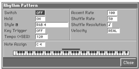 Rhythm Pattern Switch OFF Hold ON Style R&B 4 Key Trigger OFF Tempo (=SEQ) 120 Note Assign C 4 Recent Rate 100 Shuffle Rate 50 Shuffle Resolution J Velocity REAL Close