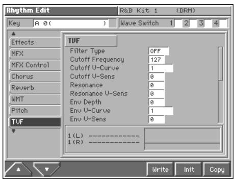 Rhythm Edit R&B Kit 1 (DRM) Key A 0 ( ) Wave Switch 1 2 3 4 Effects MFX MFX Control Chorus Reverb MMT Pitch TUF TUF Filter Type OFF Cutoff Frequency 127 Cutoff U-Curve 1 Cutoff U-Sens 0 Resonance 0 Resonance U-Sens 0 Env Depth 0 Env U-Curve 1 Env U-Sens 0 1(L) ---- 1(R) ---- Write Init Copy