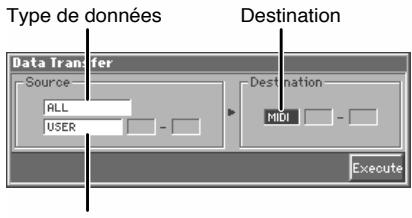 Type de données Destination Data Transfer Source ALL USER Destination MIDI Execute