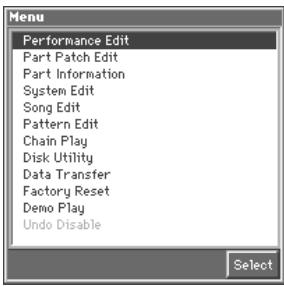 Menu Performance Edit Part Patch Edit Part Information System Edit Song Edit Pattern Edit Chain Play Disk Utility Data Transfer Factory Reset Demo Play Undo Disable Select