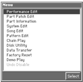 Menu Performance Edit Part Patch Edit Part Information System Edit Song Edit Pattern Edit Chain Play Disk Utility Data Transfer Factory Reset Demo Play Undo Disable Select