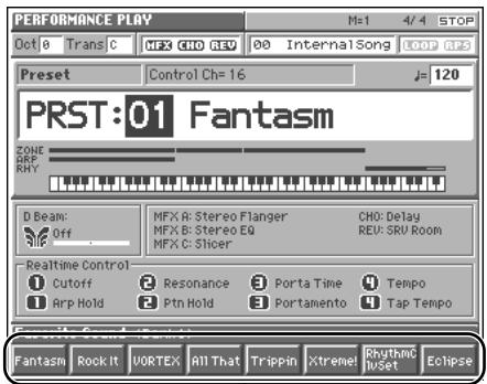 PERFORMANCE PLAY Oct 0 Trans C MFX CHO NEO 00 Internal Song LOOP RPS Preset Control Ch= 16 J= 120 PRST:01 Fantasm ZONE OFF RHY D Beam: Off MFX R: Stereo Flanger CHO: Delay MFX B: Stereo EQ REV: SRU Room MFX C: Shicer Realtime Control- Cutoff Resonance Porta Time Tempo Arp Hold Ptn Hold Portamento Tap Tempo Fantasm Rock It VORTEX All That Trippin Xtreme Rhythmic Hset Eclipse