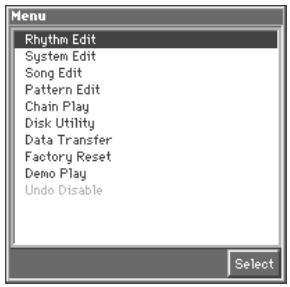 Menu Rhythm Edit System Edit Song Edit Pattern Edit Chain Play Disk Utility Data Transfer Factory Reset Demo Play Undo Disable Select