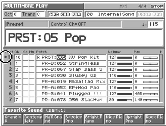 MULTITIMBRE PLAY M=1 4/4 STOP Oct 0 Trans C MF3 CHO REV 00 Internal Song LOOP RPS Preset Control Ch= OFF J= 115 PRST:05 Pop R PRST:005 XV Pop Kit 127 0 1 1 PR-B:052 Stringless 127 0 2 2 PR-B:067 Slap Bass 3 127 0 3 3 PR-B:030 Blusey OD 110 0 4 4 PR-A:019 R&Ballad Mix 127 0 5 5 PR-A:052 EP+Mod Pad 110 0 6 6 PR-B:041 Plugged !!! 127 48R 7 7 PR-A:078 D50 Stachvn 80 L40 Favorite Sound (Bank1) Grand X Contemp Hall Grand G4voice Bright Piano Nice Piano Upright Pno Rock Piano