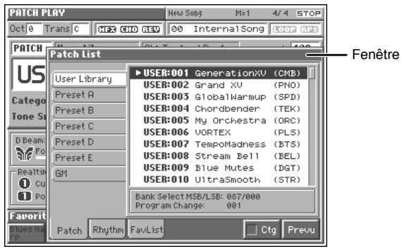PATCH PLAY Oct 0 Trans C MFS CHD NEW 00 Internal1Song LOOP GPS PATCH List User Library Preset A Preset B Preset C Preset D Preset E GM Favorit Blues H P Patch Rhythm FavList ▶ USER:001 GenerationXV (CMB) USER:002 Grand XU (PNO) USER:003 GlobalWarmup (SPD) USER:004 Chordbender (TEK) USER:005 My Orchestra (ORC) USER:006 VORTEX (PLS) USER:007 TempoMadness (BTS) USER:008 Stream Bell (BEL) USER:009 Blue Mutes (DGT) USER:010 UltraSmooth (STR) Bank Select MSB/LSB: 087/000 Program Change: 001 Ctg Prevu Fenêtre