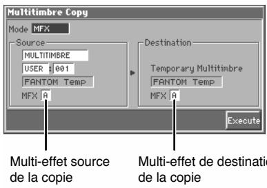 Multitimbre Copy Mode MFX Source MULTITIMBRE USER 001 FANTOM Temp MFX A Destination Temporary Multitimbre FANTOM Temp MFX A Execute Multi-effet source de la copie Multi-effet de destinatio de la copie