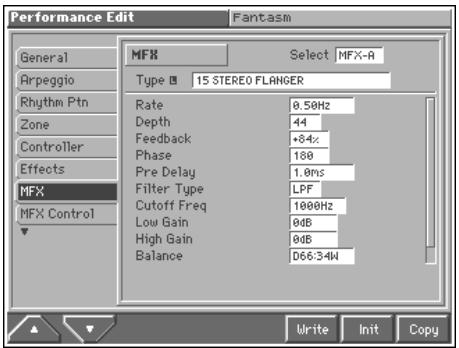 Performance Edit General Arpeggio Rhythm Ptn Zone Controller Effects MFX MFX Control MFX Select MFX-R Type □ 15 STEREO FLANGER Rate 0.50Hz Depth 44 Feedback +84x Phase 100 Pre Delay 1.0ms Filter Type LPF Cutoff Freq 1000Hz Low Gain 0dB High Gain 0dB Balance D66:3-4W Write Init Copy