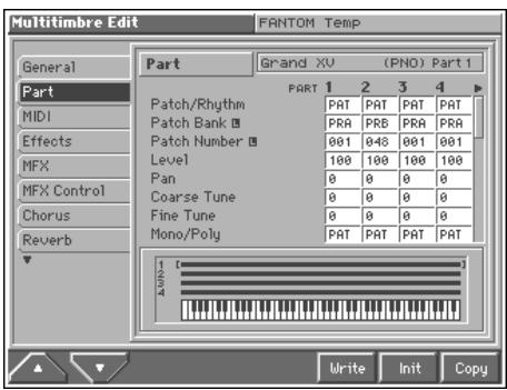 Multitimbre Edit FANTOM Temp General Part MIDI Effects MFX MFX Control Chorus Reverb Part Grand XU (PNO) Part 1 PART 1 2 3 4 Patch/Rhythm PAT PAT PAT Patch Bank PRA PRB PRA PRA Patch Number 001 048 001 001 Level 100 100 100 100 Pan 0 0 0 0 Coarse Tune 0 0 0 0 Fine Tune 0 0 0 0 Mono/Poly PAT PAT PAT Write Init Copy