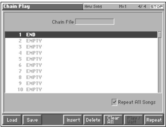 Chain Play New Song M=1 4/4 STOP Chain File 1 END 2 EMPTY 3 EMPTY 4 EMPTY 5 EMPTY 6 EMPTY 7 EMPTY 8 EMPTY 9 EMPTY 10 EMPTY Repeat All Songs Load Save Insert Delete Clear All Play / Wait Repeat