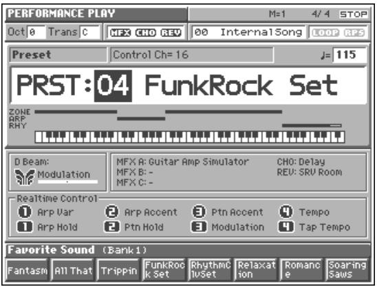PERFORMANCE PLAY Oct 0 Trans C MFX CHO REV 00 InternalSong LOOP RPS Preset Control Ch=16 J=115 PRST:04 FunkRock Set ZONE ARF RHY D Beam: Modulation MFX A: Guitar Amp Simulator CHO: Delay MFX B: - REU: SRV Room MFX C: - Realtime Control Arp Var Arp Accent Ptn Accent Tempo Arp Hold Ptn Hold Modulation Tap Tempo Favorite Sound (Bank 1) Fantasm All That Trippin FunkRock Set Rhythmic Relaxation Romance Soaring Saws