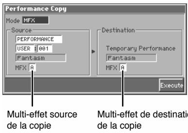 Performance Copy Mode MFX Source PERFORMANCE USER : 001 Fantasm MFX A Destination Temporary Performance Fantasm MFX A Execute Multi-effet source de la copie Multi-effet de destinatio de la copie