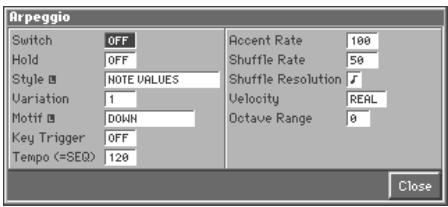 Apeggio Switch OFF Hold OFF Style NOTE VALUES Variation 1 Motif DOWN Key Trigger OFF Tempo (=SEQ) 128 Recent Rate 100 Shuffle Rate 50 Shuffle Resolution ✓ Velocity REAL Octave Range 0 Close