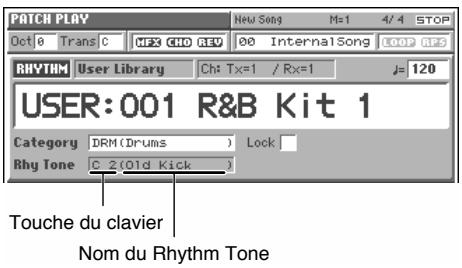 PATCH PLAY Oct 0 Trans C New Song M=1 4/4 STOP M2 CIO RSD 00 InternalSong COOP RTS RHYTHM User Library Ch: Tx=1 / Rx=1 J= 120 USER:001 R&B Kit 1 Category DRM(Drums) Lock Rhy Tone C 2(Old Kick) Touche du clavier Nom du Rhythm Tone