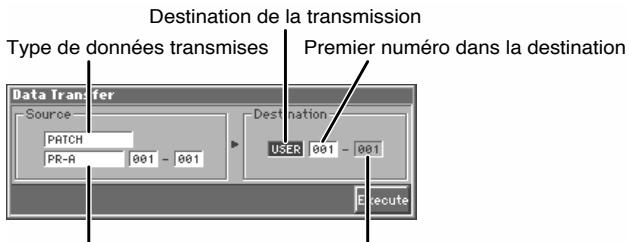 Destination de la transmission Type de données transmises Premier numéro dans la destination Data Transfer Source PATCH PR-R 001 - 001 Destination USER 001 - 001 Execute