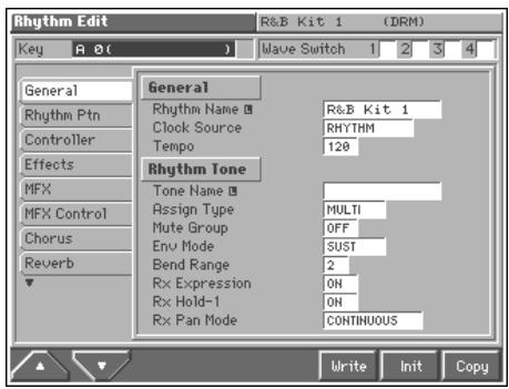Rhythm Edit Key R B O ( ) Wave Switch 1 2 3 4 General Rhythm Ptn Controller Effects MFX MFX Control Chorus Reverb General Rhythm Name □ Clock Source Tempo Rhythm Tone Tone Name □ Assign Type Mute Group Env Mode Bend Range Rx Expression Rx Hold-1 Rx Pan Mode R&B Kit 1 RHYTHM 120 MULTI OFF SUST 2 ON ON CONTINUOUS Write Init Copy