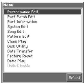 Menu Performance Edit Part Patch Edit Part Information System Edit Song Edit Pattern Edit Chain Play Disk Utility Data Transfer Factory Reset Demo Play Undo Disable Select