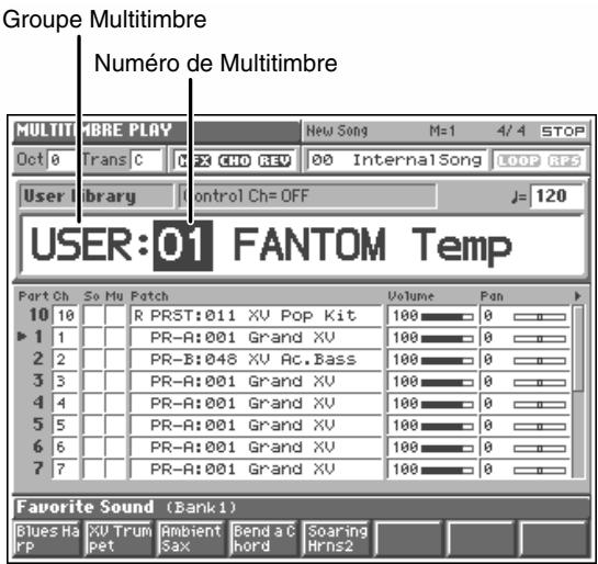 Groupe Multitimbre Numero de Multitimbre MULTITIM BRE PLAY New Song M=1 4/4 STOP Oct 8 Trans C C X CHO REV 00 InternalSong LOOP RPS User library control Ch= OFF J= 120 USER:01 FANTOM Temp Part Ch So Mu Patch Volume Pan 10 10 R PRST:011 XV Pop Kit 100 0 ▶ 1 PR-A:001 Grand XV 100 0 2 2 PR-B:048 XV Ac.Bass 100 0 3 3 PR-A:001 Grand XV 100 0 4 4 PR-A:001 Grand XV 100 0 5 5 PR-A:001 Grand XV 100 0 6 6 PR-A:001 Grand XV 100 0 7 7 PR-A:001 Grand XV 100 0 Favorite Sound (Bank1) Blues Harp XU Trum Pet Ambient Sax Bend a C hord Soaring Hrns2