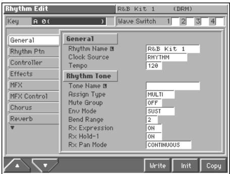 Rhythm Edit Key A O( ) Wave Switch 1 2 3 4 General Rhythm Ptn Controller Effects MFX MFX Control Chorus Reverb General Rhythm Name ■ R&B Kit 1 Clock Source RHYTHM Tempo 120 Rhythm Tone Tone Name ■ Assign Type MULTI Mute Group OFF Env Mode SUST Bend Range 2 Rx Expression ON Rx Hold-1 ON Rx Pan Mode CONTINUOUS Write Init Copy