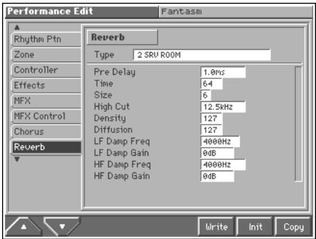 Performance Edit Reverb Type 2 SRU ROOM Pre Delay 1.0ms Time 64 Size 6 High Cut 12.5kHz Density 127 Diffusion 127 LF Damp Freq 4000Hz LF Damp Gain 0dB HF Damp Freq 4000Hz HF Damp Gain 0dB Write Init Copy