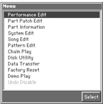Menu Performance Edit Part Patch Edit Part Information System Edit Song Edit Pattern Edit Chain Play Disk Utility Data Transfer Factory Reset Demo Play Undo Disable Select