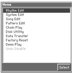 Menu Rhythm Edit System Edit Song Edit Pattern Edit Chain Play Disk Utility Data Transfer Factory Reset Demo Play Undo Disable Select