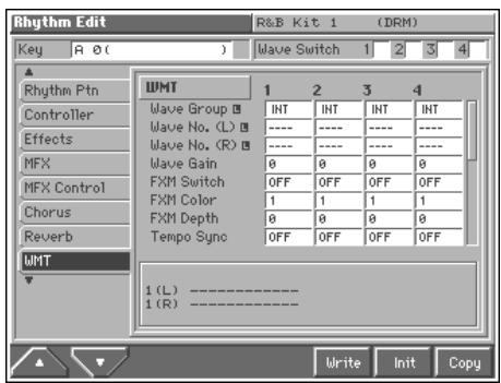Rhythm Edit Key R 0 ( ) Wave Switch 1 2 3 4 Rhythm Ptn Controller Effects MFX MFX Control Chorus Reverb WMT UMT 1 2 3 4 Wave Group INT INT INT INT Wave No. (L) ---- ---- ---- Wave No. (R) ---- ---- ---- Wave Gain 0 0 0 0 0 FXM Switch 0FF 0FF 0FF 0FF FXM Color 1 1 1 1 1 FXM Depth 0 0 0 0 0 Tempo Sync 0FF 0FF 0FF 0FF 1 (L) ---- 1 (R) ---- Write Init Copy