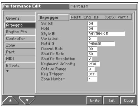Performance Edit Fantasm General Arpeggio Rhythm Ptn Controller Zone Part MIDI Effects Arpeggio West End Bs (SBS) Part 1 Switch Hold Style □ RHYTHMIX 5 Variation 2 Motif □ PHRASE Accent Rate 90 Shuffle Rate 50 Shuffle Resolution √ Keyboard Velocity REAL Octave Range 0 Key Trigger OFF Zone Number 1 Write Init Copy